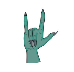 Zombie hand Horns, satan sign finger up gesture halloween vector. realistic cartoon illustration isolated on white background . Image of scary monster hand blue skin.