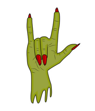 Zombie hand Horns, satan sign finger up gesture halloween vector. realistic cartoon illustration isolated on white background . Image of scary monster hand with torn, riven green skin.