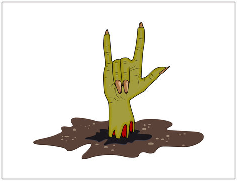 Zombie hand Horns, satan sign out of ground halloween vector. realistic cartoon illustration isolated on white background. Image of scary monster finger up gesture