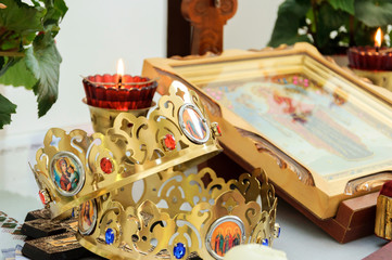 Two Orthodox Wedding Ceremonial Crowns Ready for Ceremony