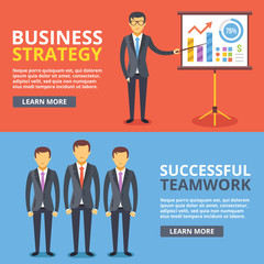 Business strategy, successful teamwork flat illustration concepts set