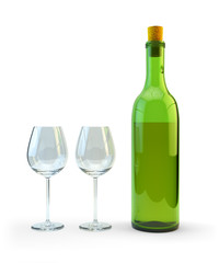 Bottle of whine with a cork and pair of empty glasses isolated on white background
