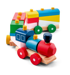 Wooden toy train with colorful blocs isolated over white