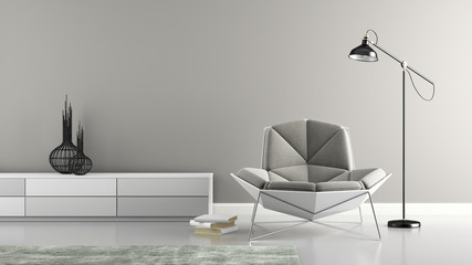 Part of interior with modern grey armchair 3D rendering