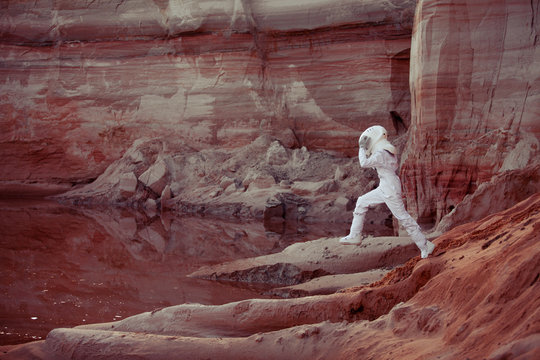 Water on Mars, futuristic astronaut, image with the effect of