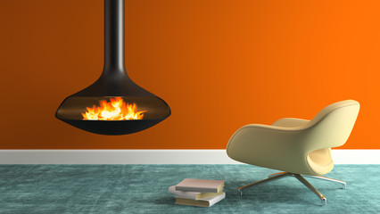 Part of interior with fireplace and modern armchair 3D rendering