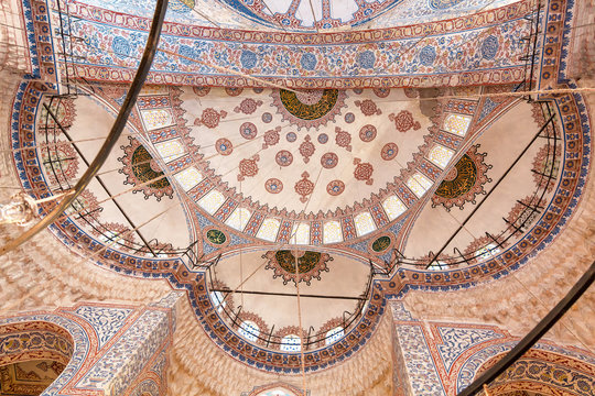 Sights Of Turkey. Blue Mosque In Istanbul. Interior Of Turkish Monument.