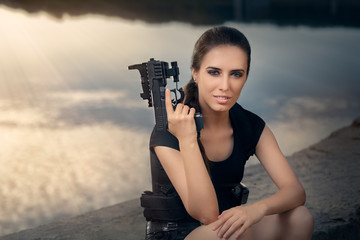 Powerful Woman Holding Gun Action Movie Style