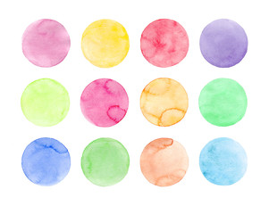Set of pastel watercolor circles. Watercolor design elements isolated on white background.