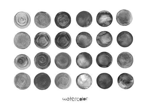 Set Of Watercolor Black Round Shapes. Watercolour Circle Textures. Grey Circles On White Background. Grunge Black Watercolor Painted Circle Backgrounds.