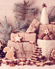Obraz na płótnie Canvas Christmas card. Christmas decorations - cookies, apples, nuts, s
