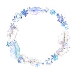 Fototapeta na wymiar Christmas wreath with snow flakes and feathers. Watercolor card