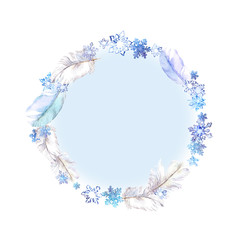 Christmas wreath with snow flakes and feathers, xmas card