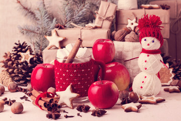 Christmas decorations - cookies, apples, spices. Cozy rustic Chr