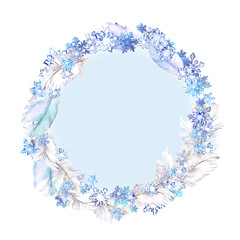 Winter wreath with snow flakes and feathers. Watercolor circle