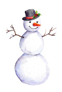 Snowman in top hat with mistletoe. Watercolor