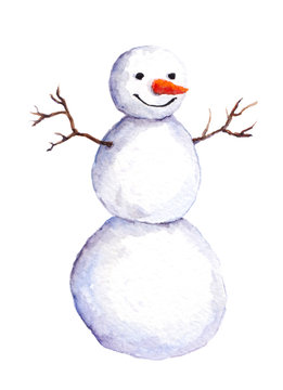 Cute isolated painted snow man, watercolor. 
