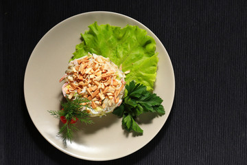 portion served in a restaurant decorated with lettuce