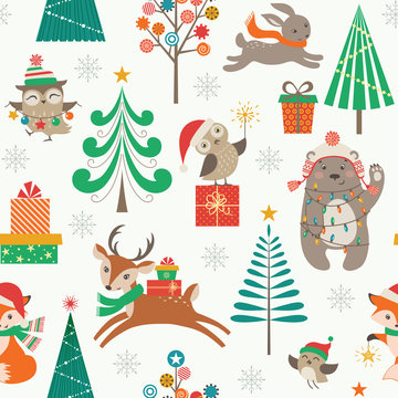 Cute Christmas pattern with woodland animals, Christmas trees and gifts