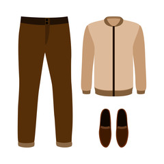 Set of trendy men's clothes with pants, jacket and moccasins. Vector illustration