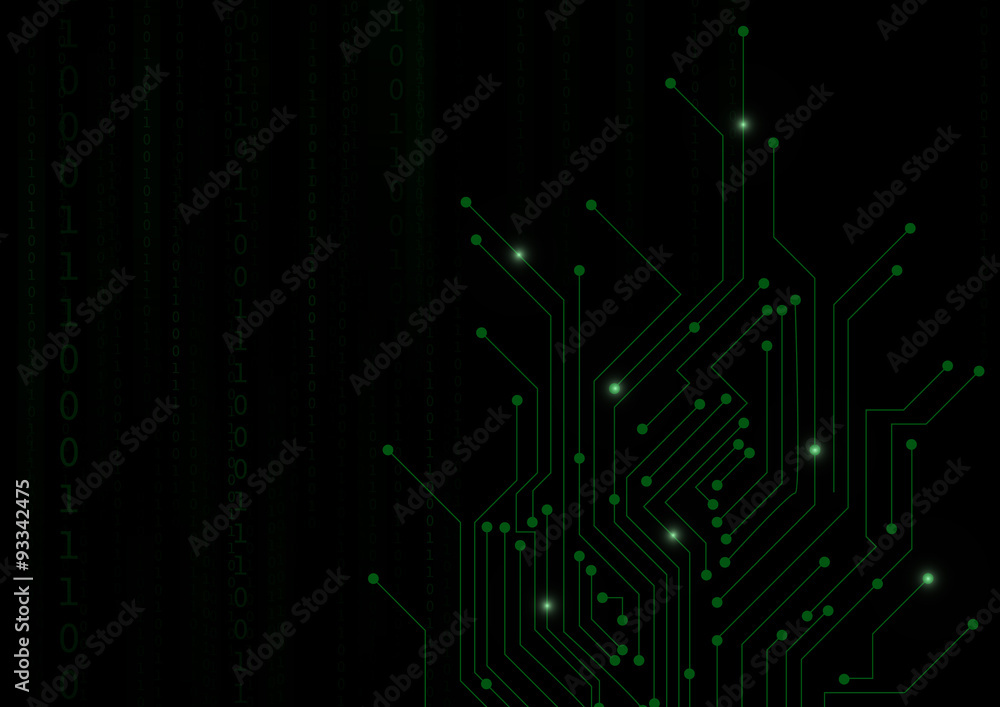 Poster vector : green binary number and electronic circuit on black bac