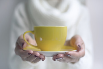 Cup of tea or coffee in female hands.