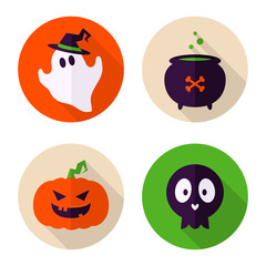 Nice set of 4 flat style badges with Halloween symbols - ghost,
