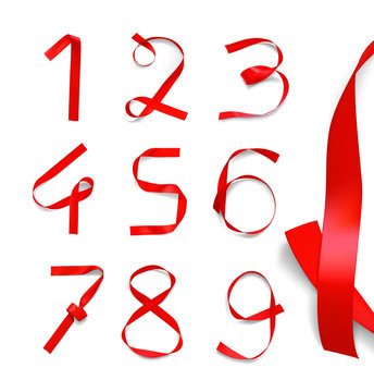Set Of Red Ribbon Numbers On White Background. Vector Illustartion.