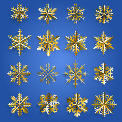Set of gold paper snowflakes