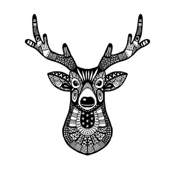 Ornamental deer head, trendy ethnic zentangle design, hand drawn, isolated vector