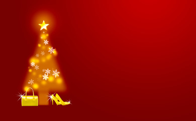 Christmas card with red background and copy space. Gold shoes and bags under the tree. Shopping and sale invitation. 
