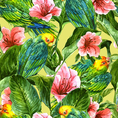 Seamless Background with Tropical Leaves, Parrots and Hibiscus