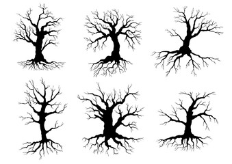 Old tree icons silhouettes with roots