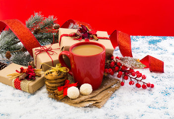 Christmas holiday background with coffee cup