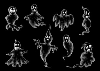 Halloween flying ghost sketches on black