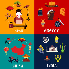 Japan, China, India and Greece travel icons