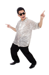 Young man in silver shirt isolated on white
