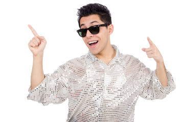 Young man in silver shirt isolated on white