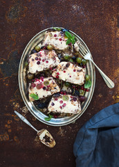 Semifreddo or italian cheese ice-cream dessert with garden