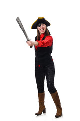 Female pirate holding sword isolated on white