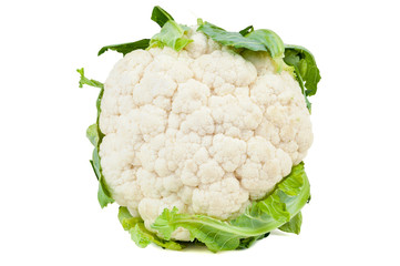 Cauliflower with leaves on white background