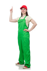 Female worker wearing coverall isolated on white