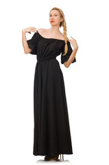 Naklejka premium Tall woman in long black dress isolated on white