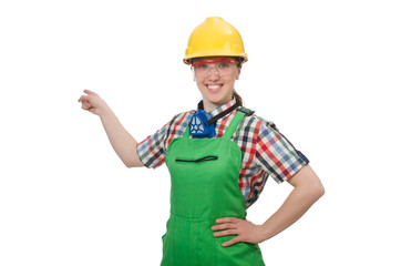 Female worker wearing coverall isolated on white