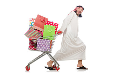 Arab man doing shopping isolated on white