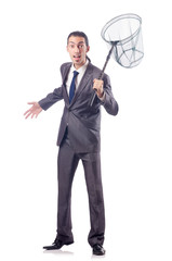 Fototapeta premium Funny businessman with catching net on white