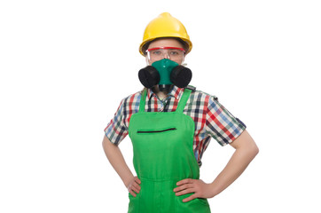 Female worker wearing coverall and gas mask isolated on white