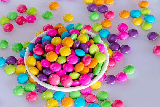 Top View Colorful Chocolate Candy In A Ceramic Bowl