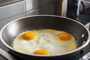 Fried eggs on frying pan, on electric stove