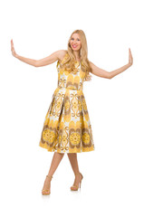 Fototapeta premium Young woman wearing long summer dress isolated on white